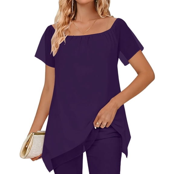 Womens Chiffon Tunic Tops, Short Sleeve Shirts for Women Summer Lightweight Casual Flowy Swing Square Neck Dressy Blouses