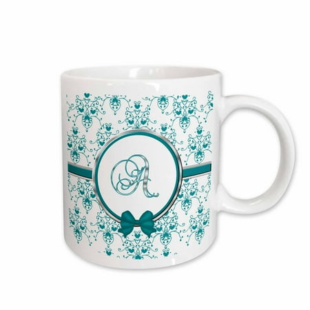 

3dRose Elegant Green and Silver Heart Damask Monogram Letter A Ceramic Mug 15-ounce