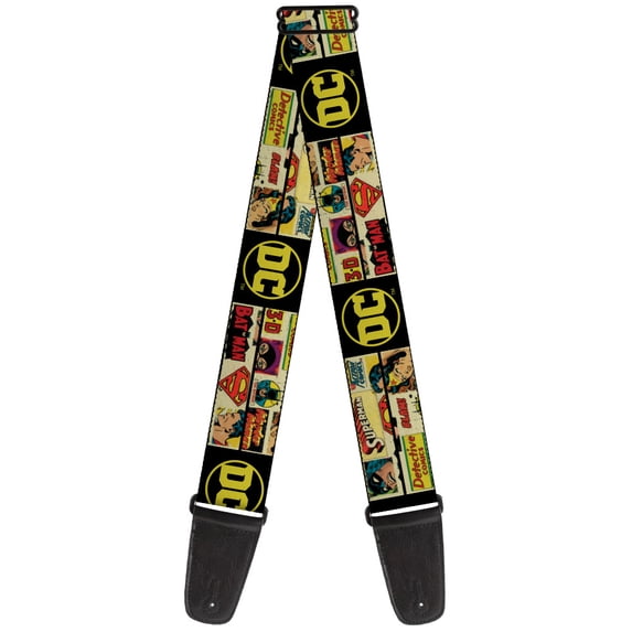 DC Comics Guitar Strap, Vintage DC Comics Superhero and Logos Collage Black, 2 Inches Wide