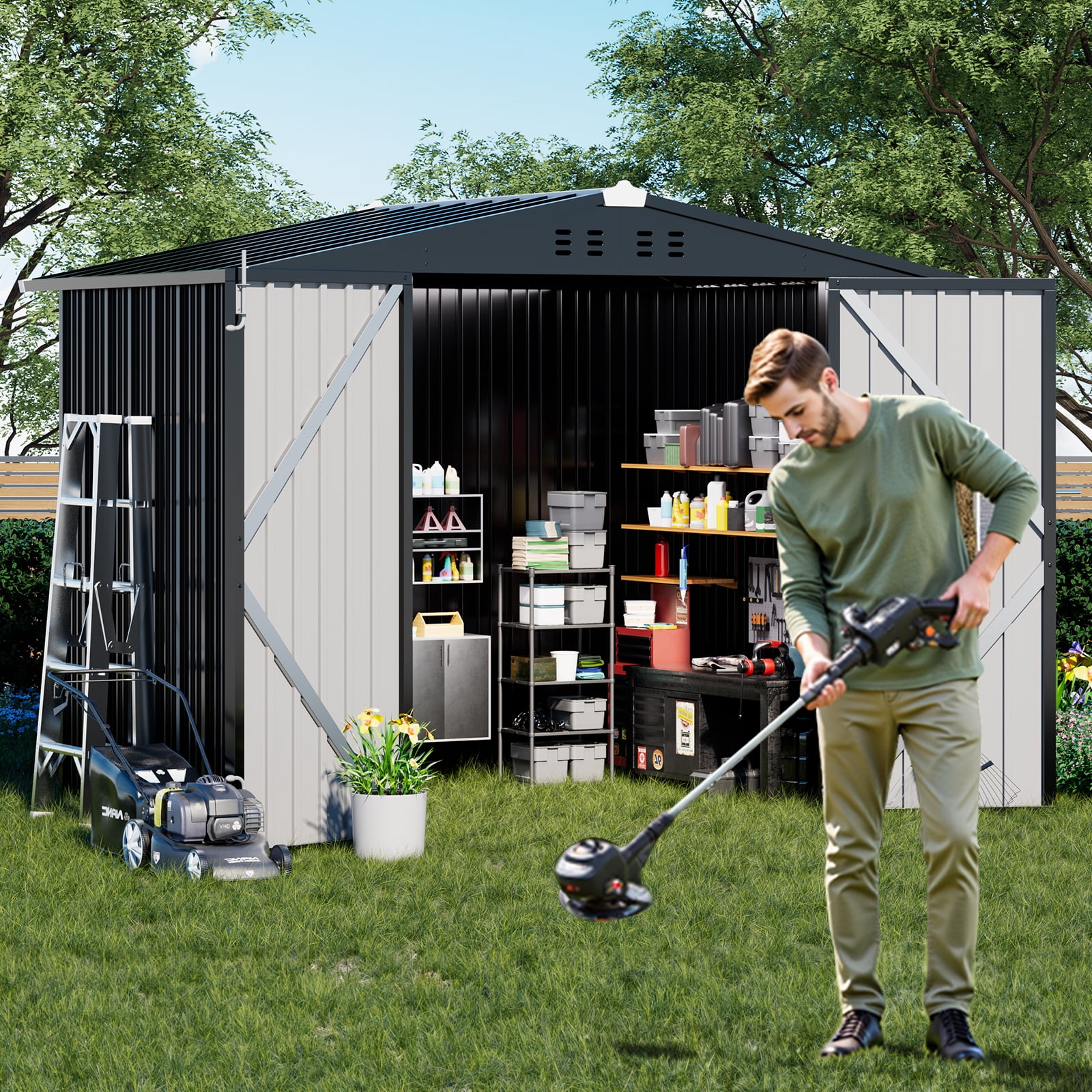COMHOMA Outdoor Storage Shed 8 x 6 ft Shed with Lockable Door Steel Garden Shed with Air Vent,Gray