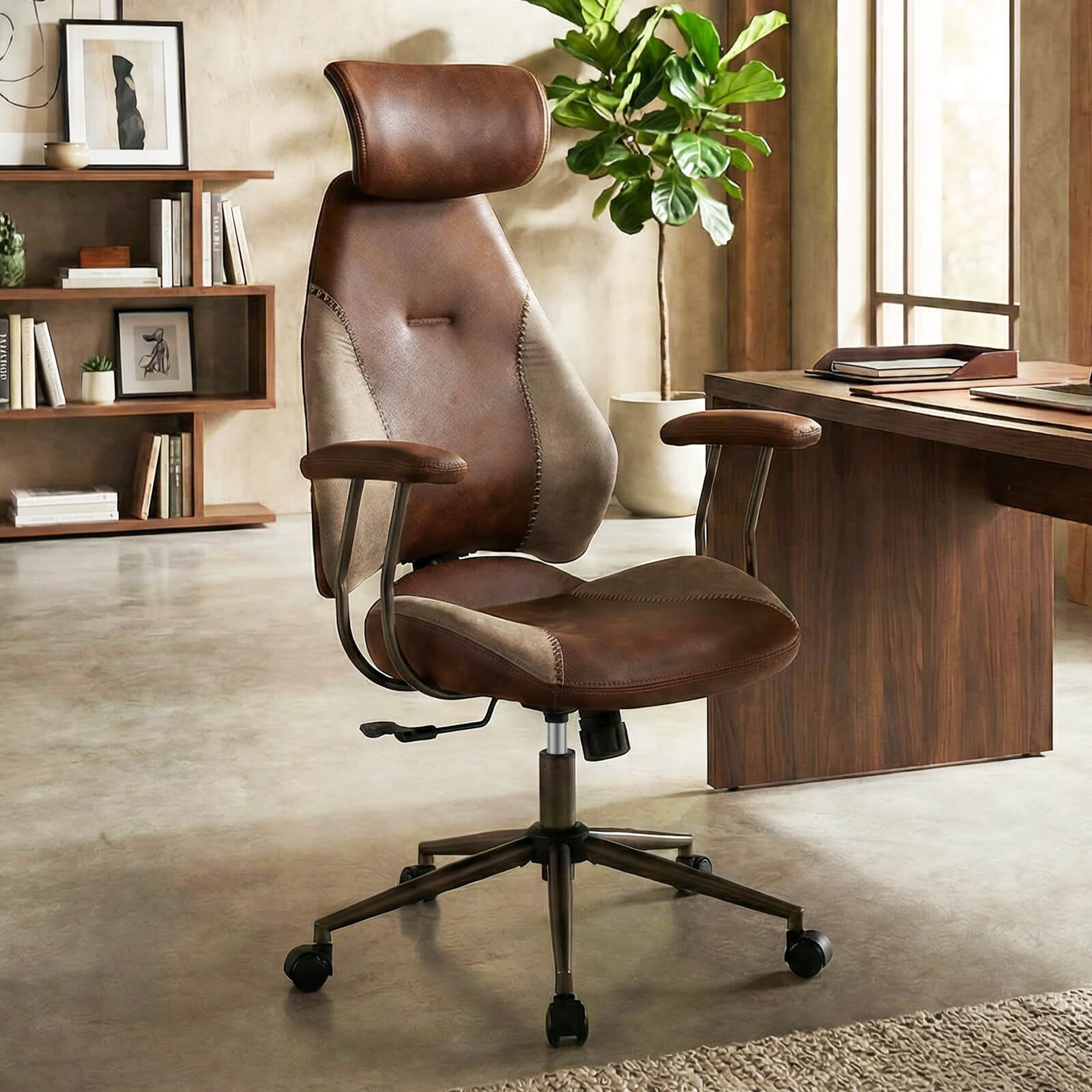 Costway Ergonomic Office Chair with 2D Headrest, Rocking Backrest & Wheels, Gaming Chair Brown & Beige