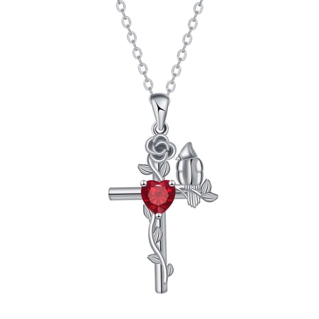Sterling Silver Cross Pendant Necklace with Rose, Bird and Red Heart Gem - Christian Jewelry Gift for Her, Perfect for Valentine's Day, Anniversary, Birthday