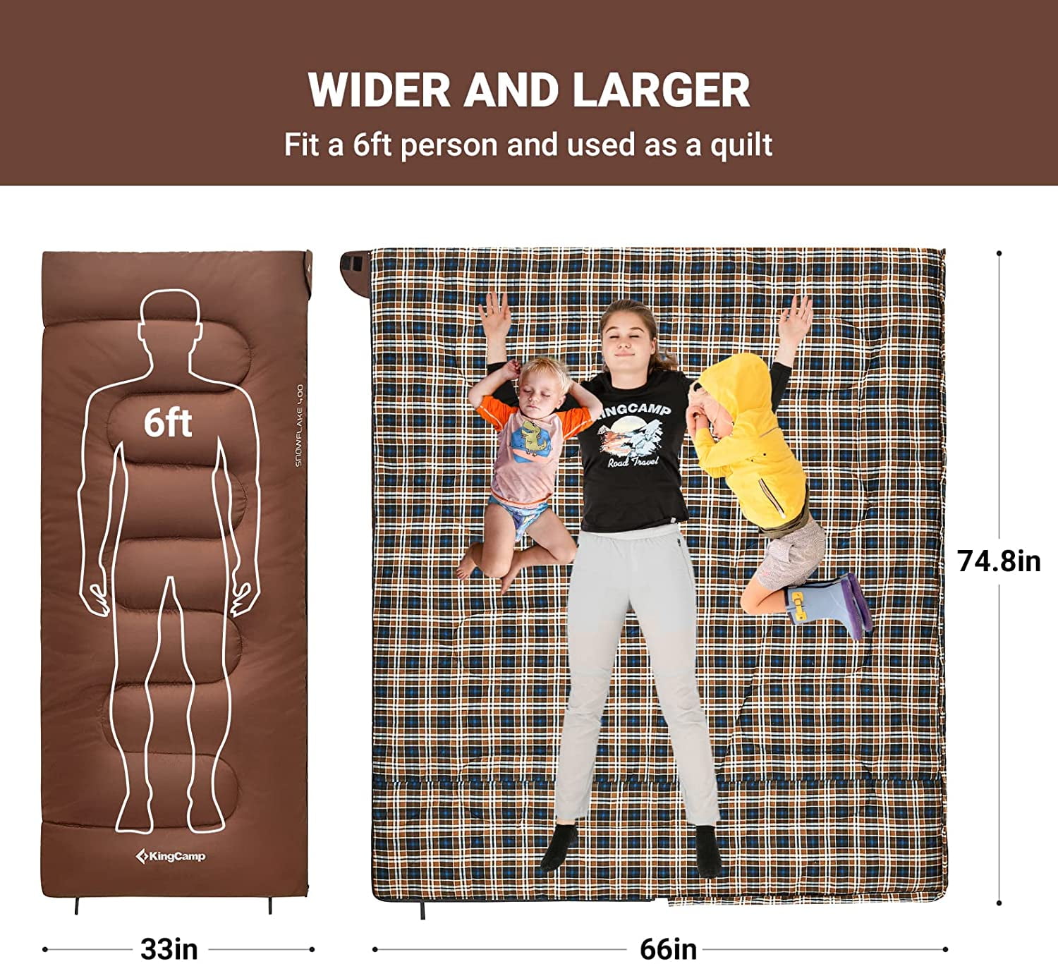 KingCamp XL Lightweight Cotton Flannel Sleeping Bags, Oversized  Envelope Sleeping Bag for Adults for Backpacking & Camping, 5.07LBS ,Left (Coffee)