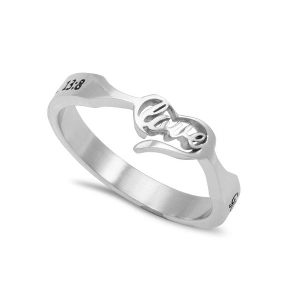 LOVE NEVER FAILS Word Ring with Heart Bible Verse, Stainless Steel