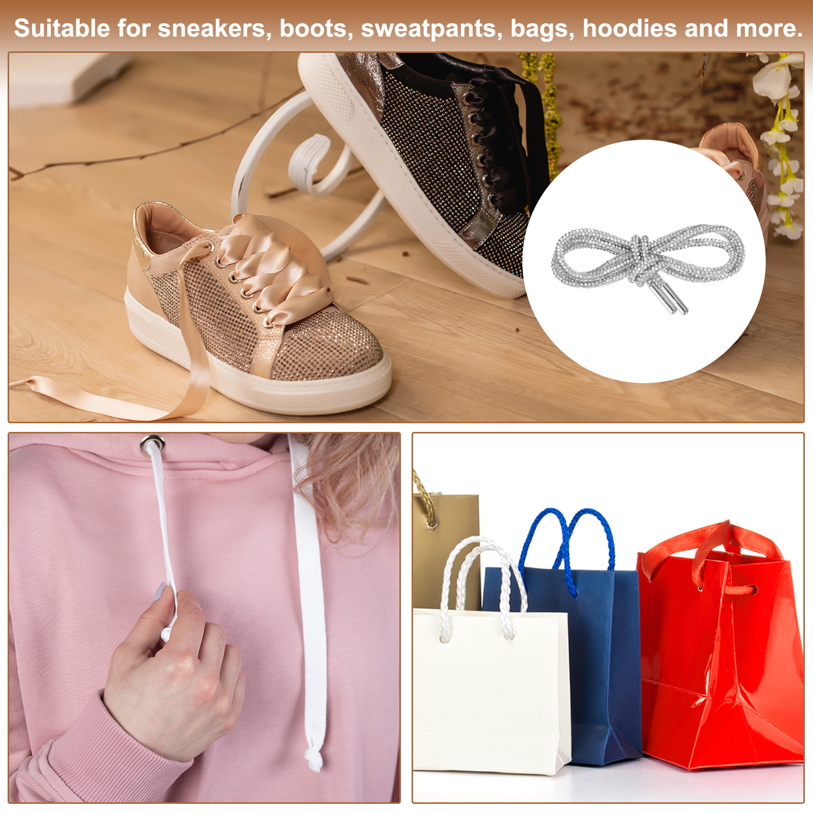 Unique Bargains Rhinestone Shoe Lace Bling Crystal Drawstring Cord for Sneakers 39in White