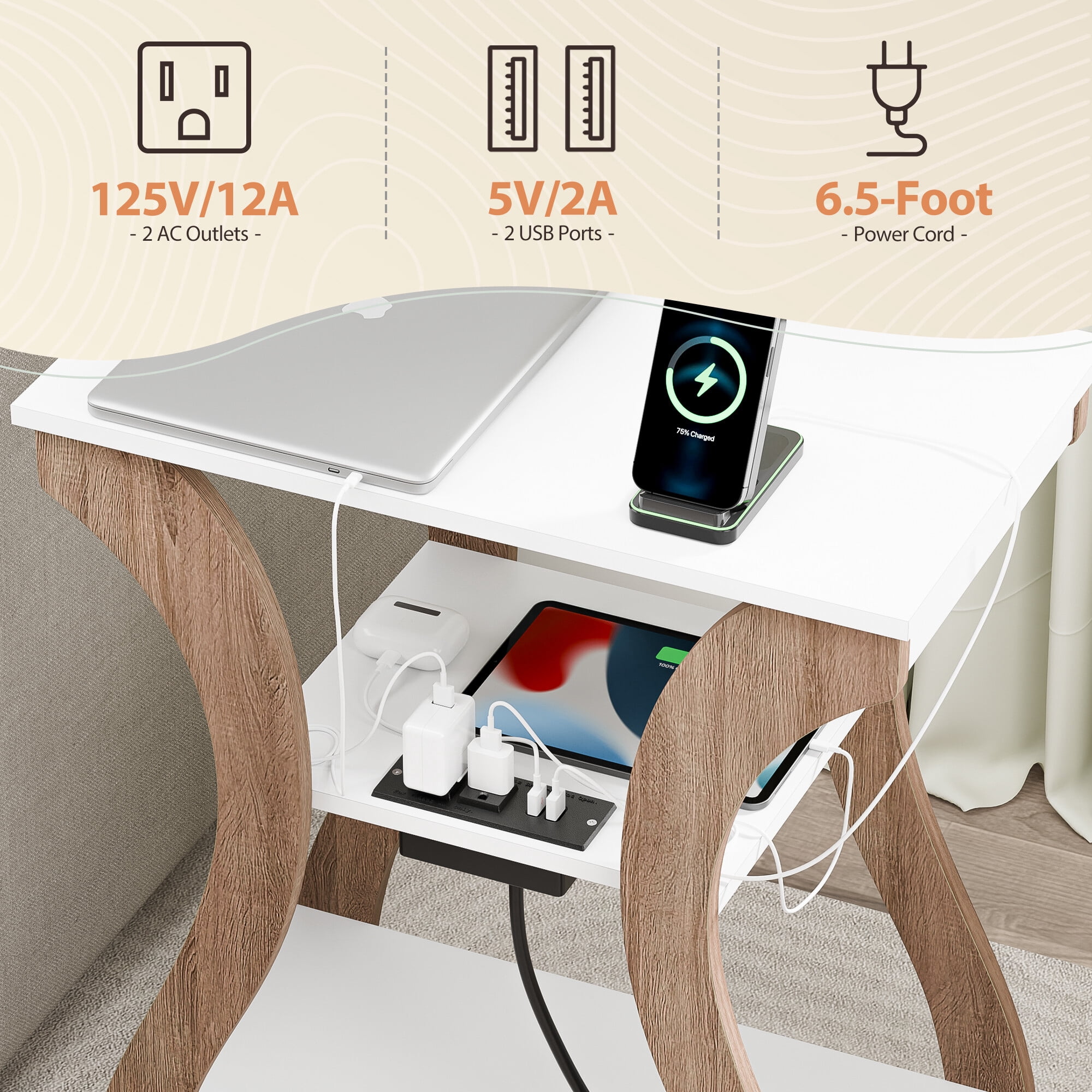 ZENSTYLE Side Table 3 Tier End Table with Charging Station Nightstand with USB Storage Shelf White