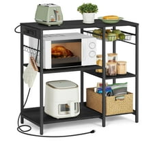 Kitchen Baker's Rack with Charging Station - Adjustable Shelves, Pull-Out Basket & Power Strip, Microwave Stand, Charcoal Gray