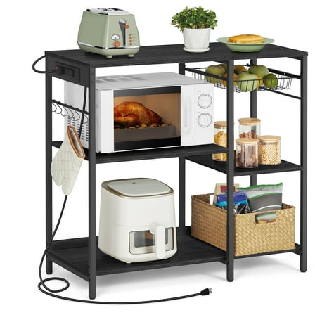 Kitchen Baker's Rack with Charging Station - Adjustable Shelves, Pull-Out Basket & Power Strip, Microwave Stand, Charcoal Gray