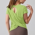 thumbnail image 2 of Yoga Workout Short Sleeve Tees for Women Crewneck Ruched Back Cutout Loose Tunic Tops Lightweight Quick Dry Athletic Shirts Activewear Green, 2 of 7