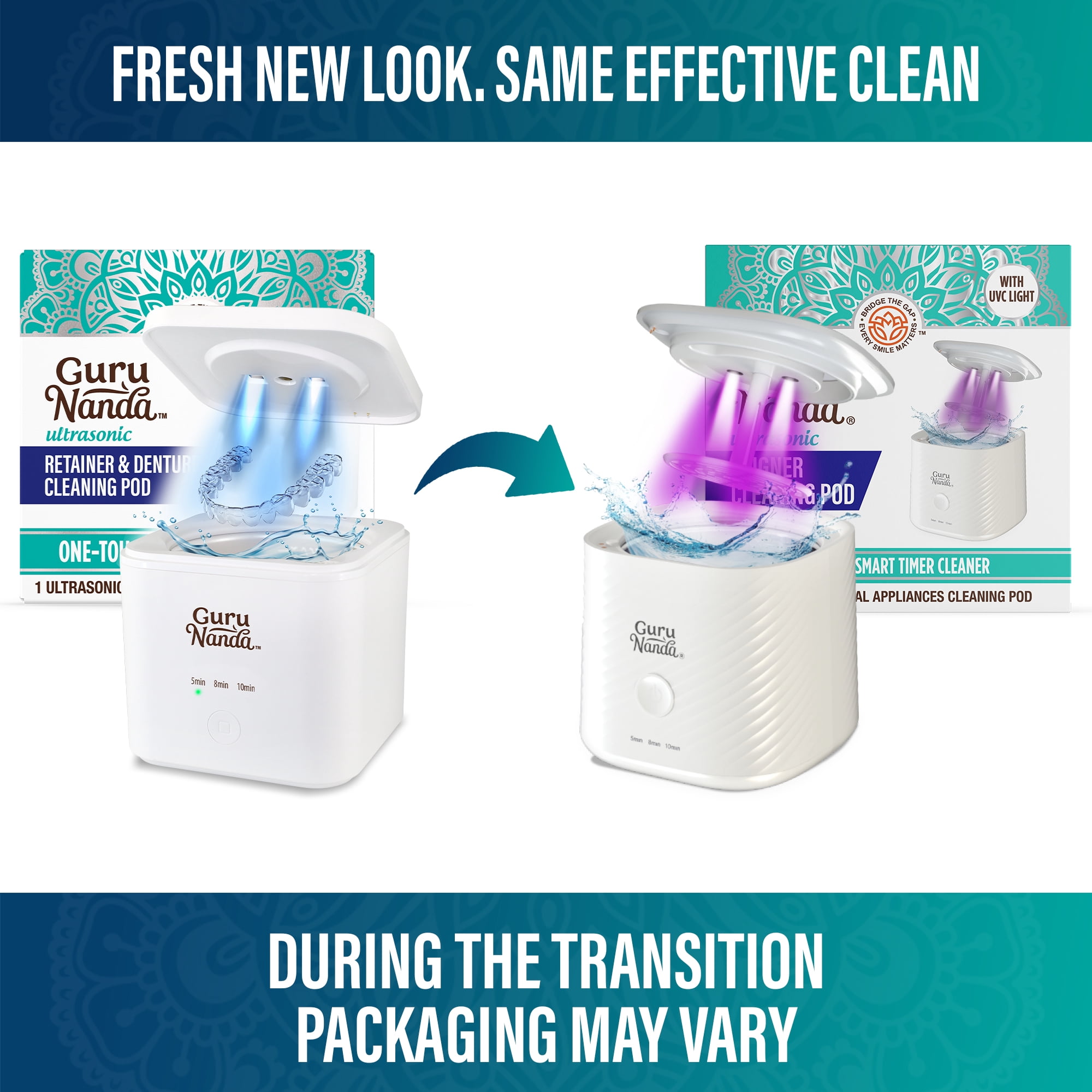 (2 pack) GuruNanda Retainer & Aligner Cleaning Pod for Retainers, Dentures, Mouthguards, Aligners- 3 Modes, 45kHz Ultrasonic Cleaner, 190 ml Capacity