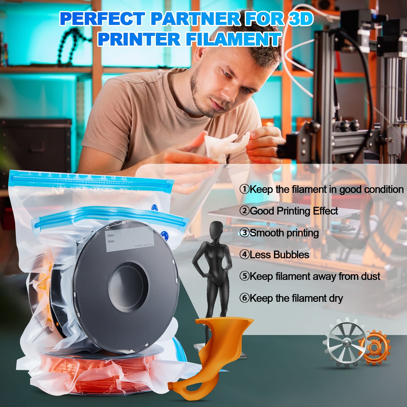 AGPTEK 30 Pack 3D Printer Filament Storage Bags 2 Sizes Vacuum Sealed Kit with 500mAh Electric Pump & Silica Gel Desiccants