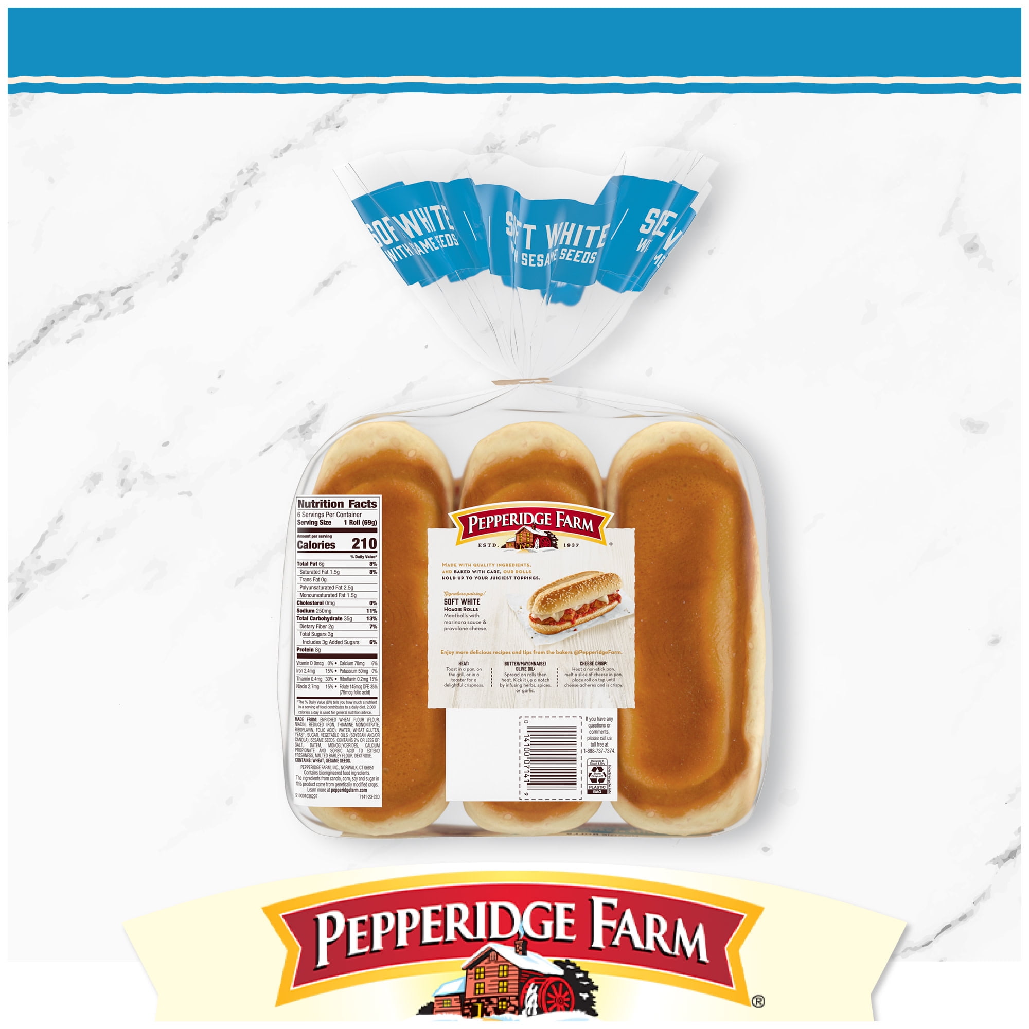 Pepperidge Farm Bakery Classics Soft White with Sesame Seeds Hoagie Rolls, 6-Pack Bag