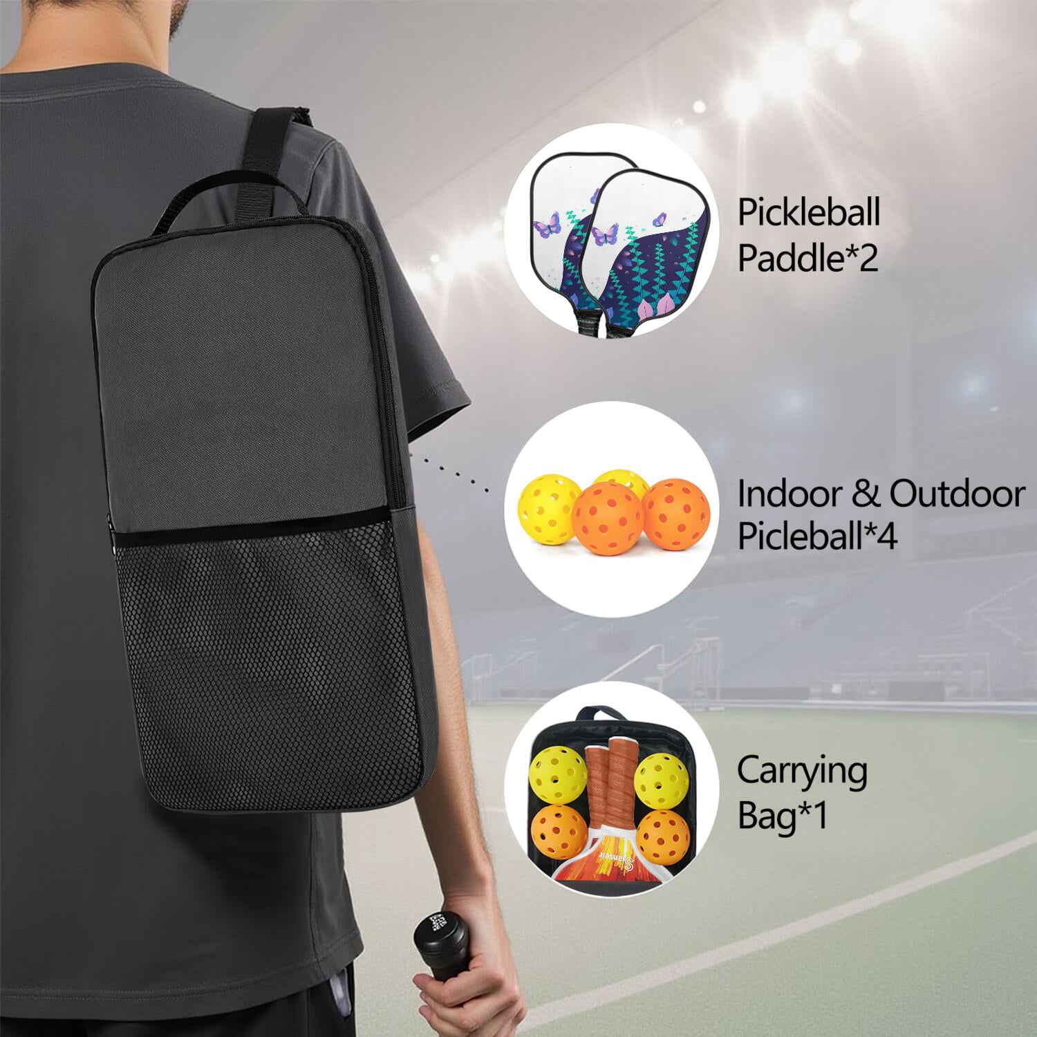 Pickleball Paddles Set Of 2, Fiberglass Surface, Vintage Floral & Butterfly, 4 Balls & Bag