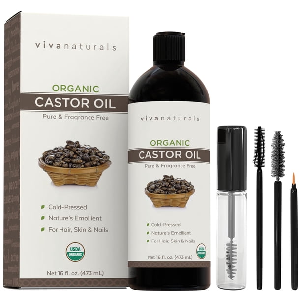 Viva Naturals Certified Organic Castor Oil (16 oz) â€" 100% Pure and Hexane Free + BONUS Mascara Kit Included, Perfect for Hair Care, Eyelashes and Brows