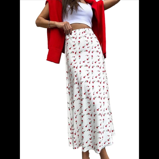 Falda Midi con Estampado Floral para Mujer, Informal, de Cintura Alta Elástica, con Cremallera, Estilo Bohemio Vintage. S