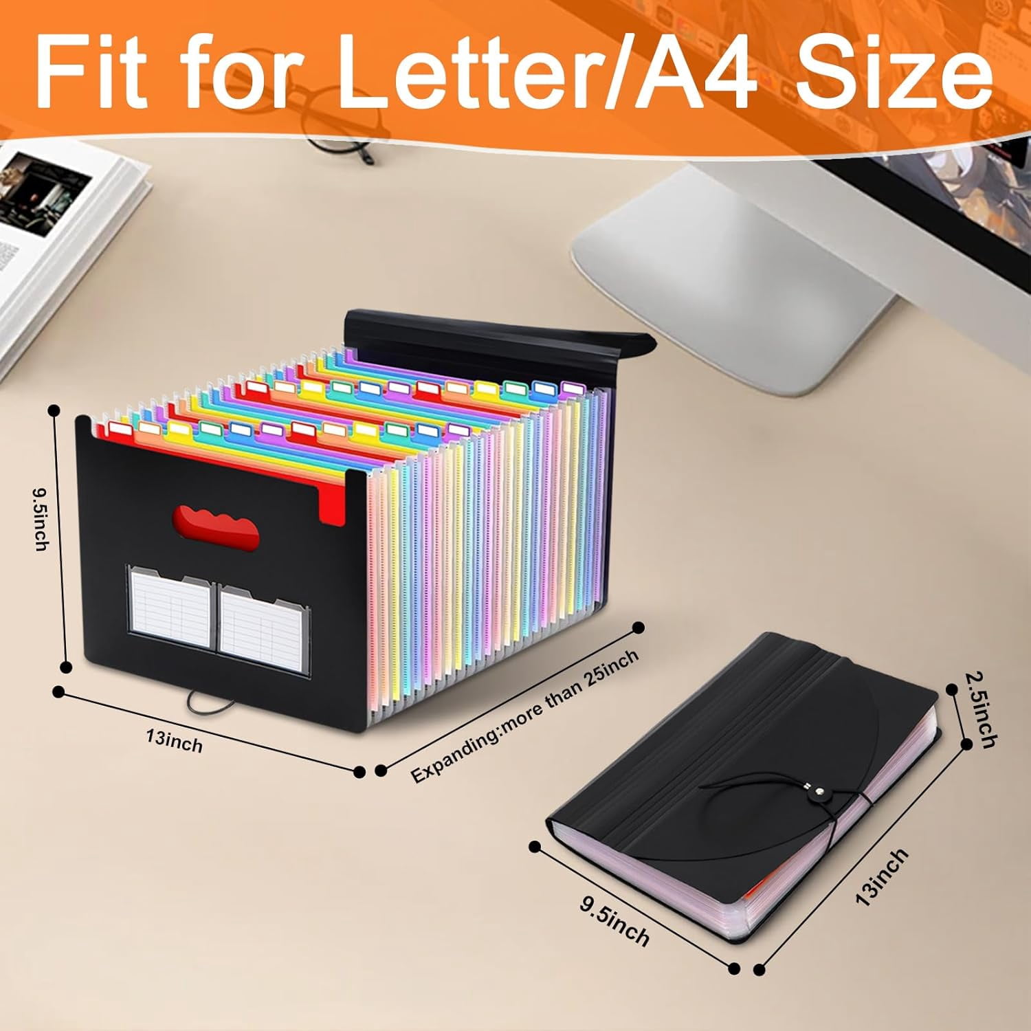 Accordion File Organizer, 25 Pockets Expanding File Folders, Portable Monthly Bill Receipt Organizer, Colorful Tabs, Desktop Folders Letter A4 Paper Document Storage for Home Office