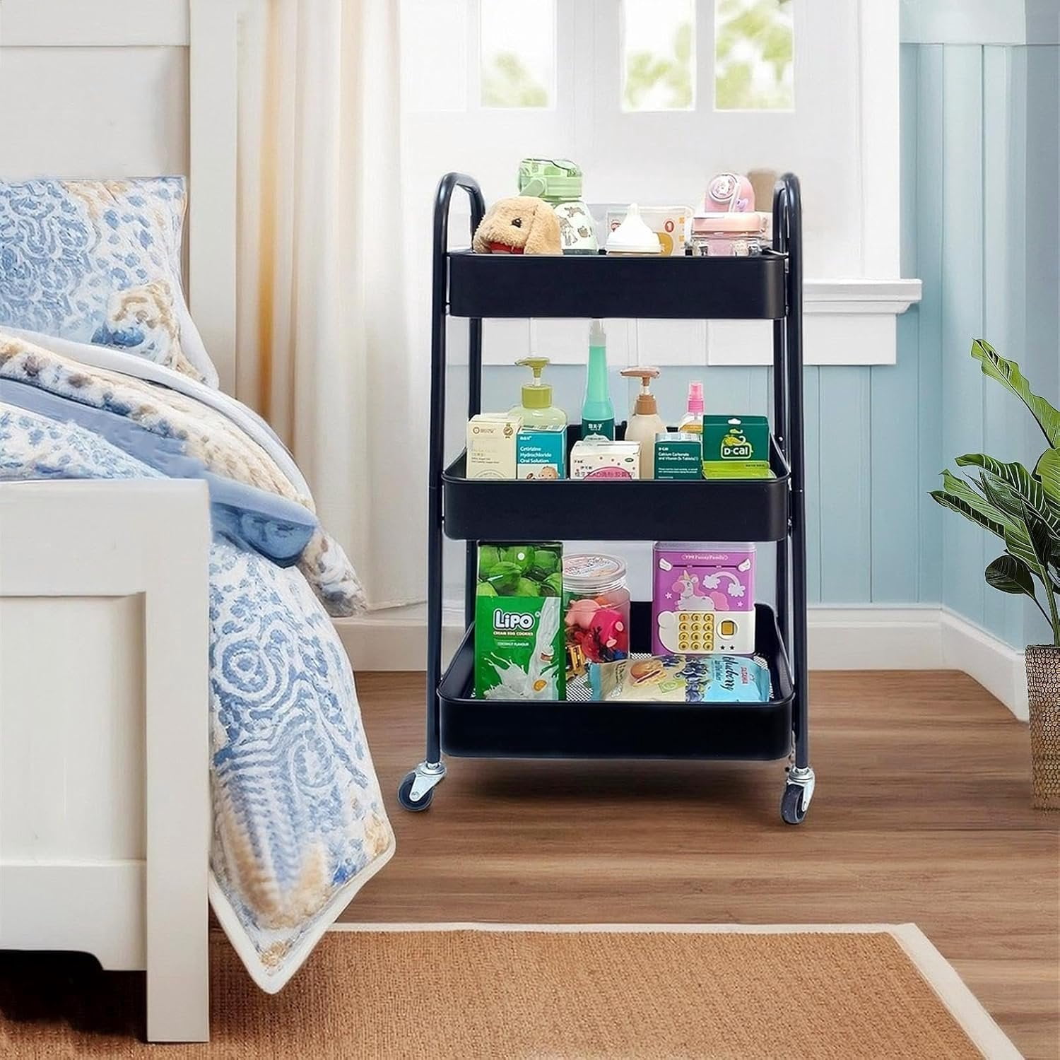 3 Tier Metal Rolling Cart with Wheels,Storage Organizer for Kitchen,Dorm,Bathroom,Classroom,17" D x 12" W x 29" H,Black