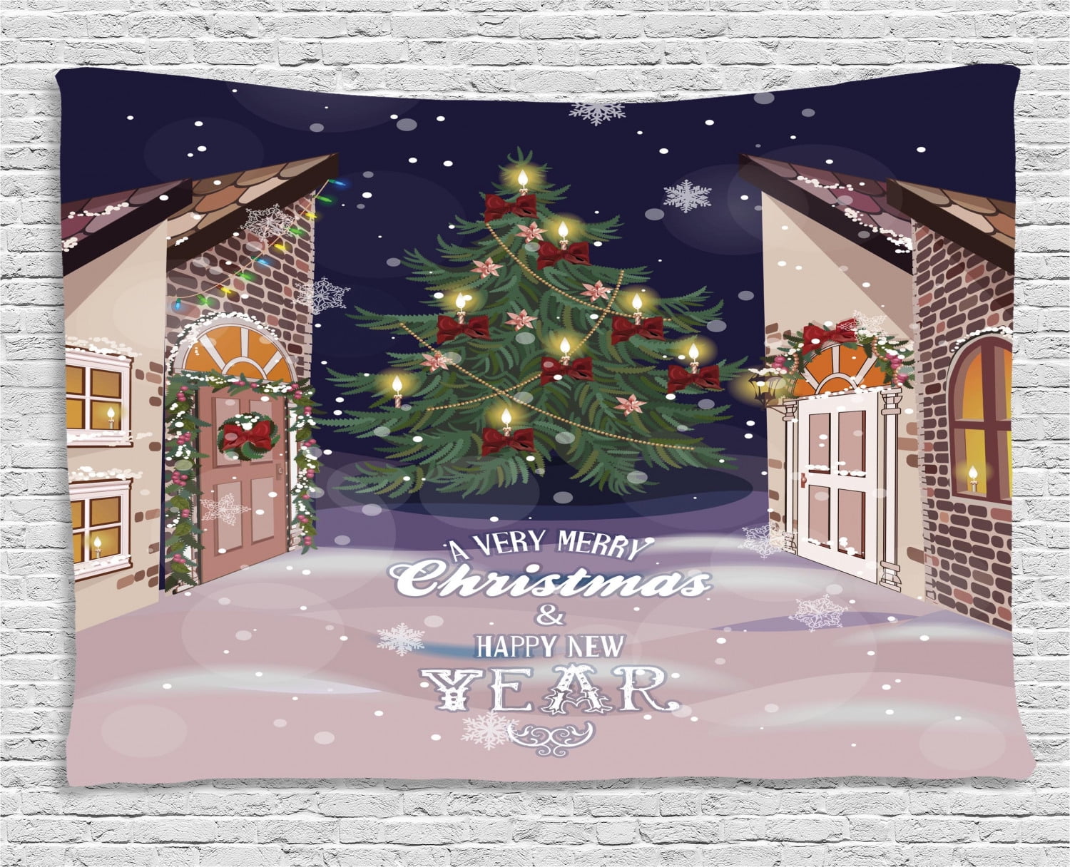 Christmas Tapestry, Winter Setting Streets Filled with Snow Traditional Pine Tree Ribbons Carol 