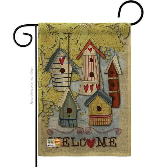 Breeze Decor BD-SH-G-100044-IP-DB-D-US12-BD 13 x 18.5 in. Welcome Birdhouse Village Burlap Inspirational Sweet Home Impressions Decorative Vertical Double Sided Garden Flag