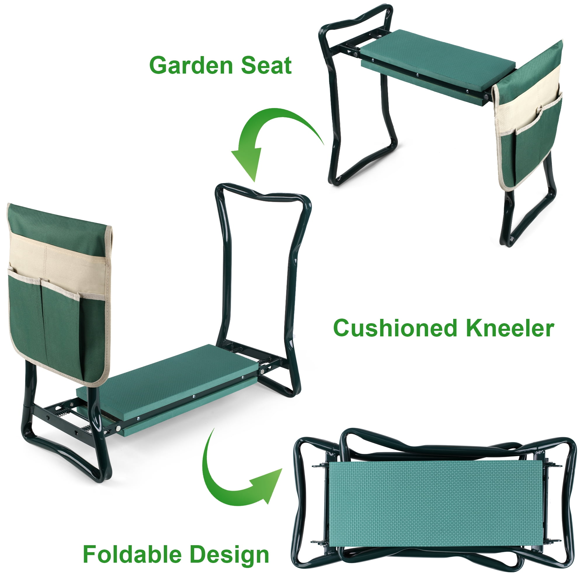 Folding Garden Kneeler and Bench Kneeling Soft Eva Pad Seat with Stool Pouch,Green