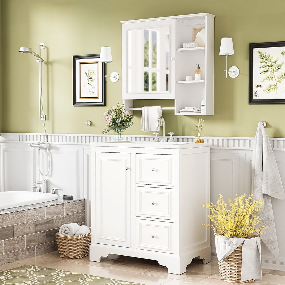 EUROCO 30" Bathroom Vanity with Resin Sink and Mirror Cabinet,Modern Bathroom Sink Cabinet with Adjustable Storage Shelves,Towels Bar and 3 Drawers,Solid Wood Frame Bathroom Vanities