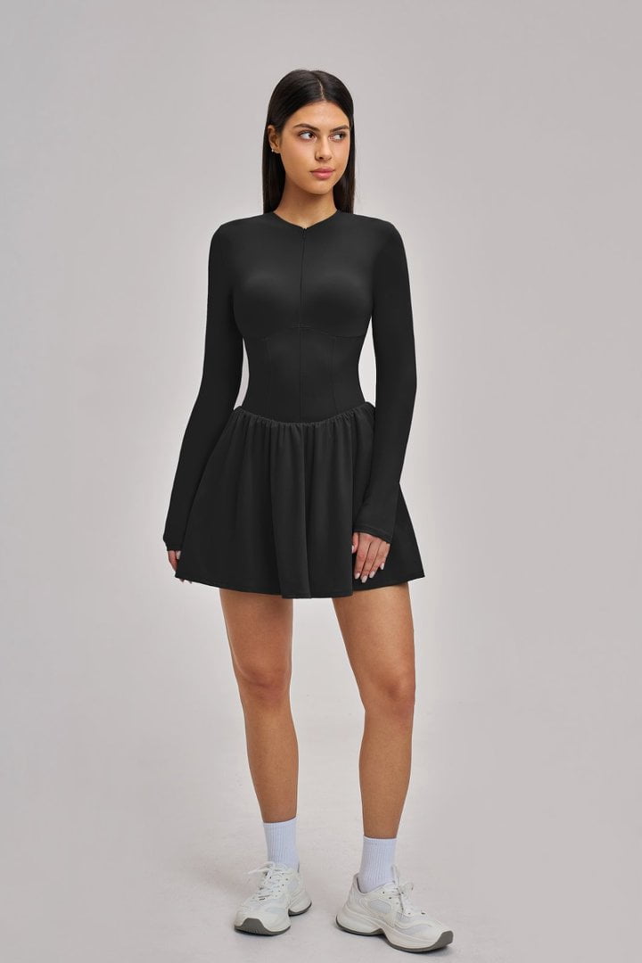 PISONIC Women Tennis Dress Long Sleeve Athletic Outfit with Built in Shorts Mini Golf Workout Dress with Pockets