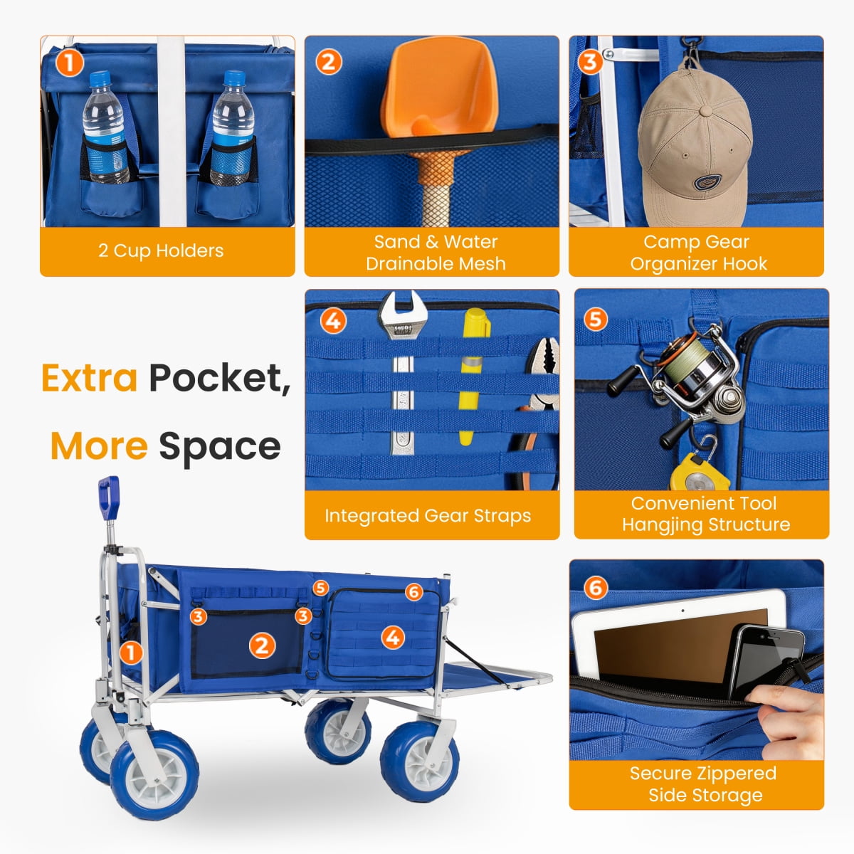 LuckyNote Beach Wagon Cart with Opened Tailgate and 9" All-Terrain Wheels, 500lbs Heavy Duty Collapsible Folding Wagon, Cooler & Storage Bags, Extendable for Kayak, Blue