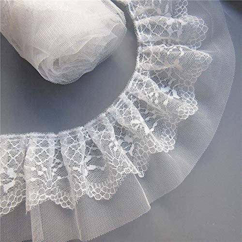 10 Metres Pleated Organza Lace Edge Chiffon Trim Ribbon 2 cm Width Coloured Trimmings Fabric Embroidered Applique Sewing Craft Wedding Bridal Dress Embellishment DIY Party Clothes Embroidery White