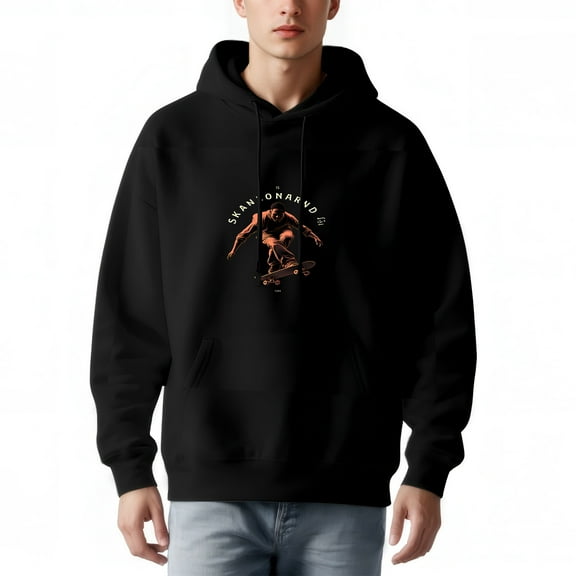 Men's Long Sleeve Hoodie Pullover Sweatshirt with Pockets Black with Orange Skateboarder Design ' SPANZONAGNO SKATE ' Graphic