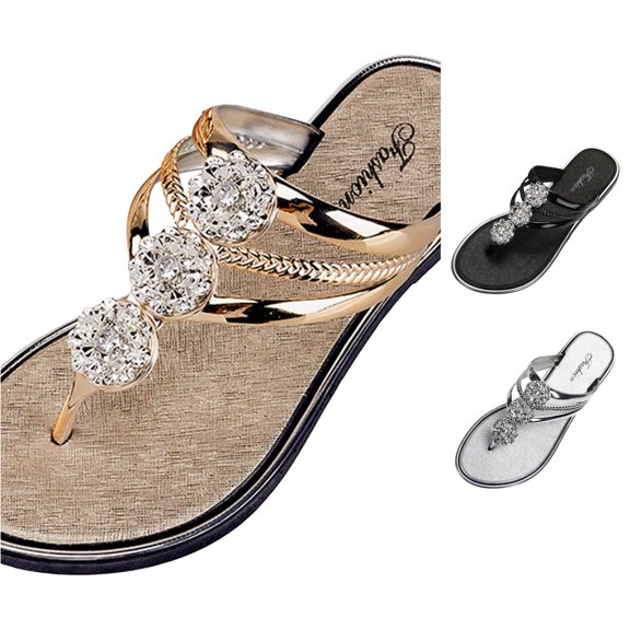 Huowey Women Thong Flip Flops Glitter Rhinestone Floral Flat Slide Sandals Non Soft Sole Summer Beach Casual Walking Footwear For Ladies Holiday Outdoor Sandals,Gold,6.5