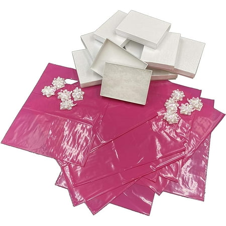 10 Party-Gift Sets – Pink Patch Handle Tote Bags – White Gift Boxes – Colorful White Celebration Bows – for Parties/Showers/Events/Birthdays – N icePackaging