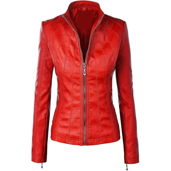 NEW HOT Women Red Suede Real Leather Jacket Motorcycle Slim Fit Coat W270