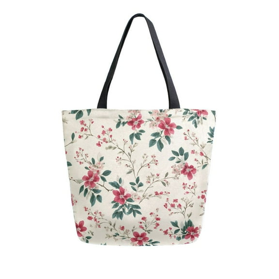 Open Top Canvas Tote Bag with Zipper Reusable Shopping Bag 13.5x15" Roomy Carryall Red Small Floral Pattern