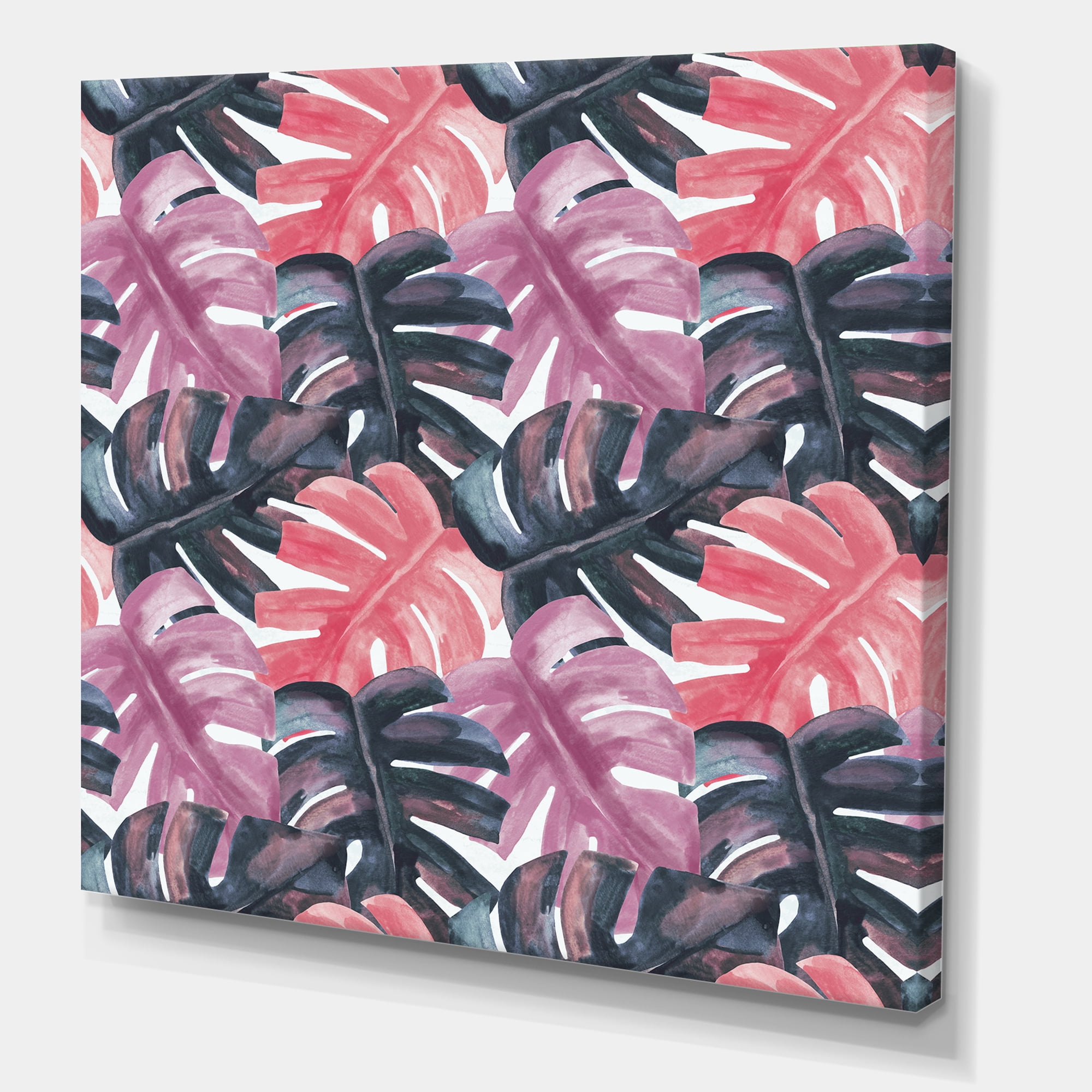 Black and Red Monstera On Rough Brush Strokes II 16 in x 16 in Painting Canvas Art Print, by Designart