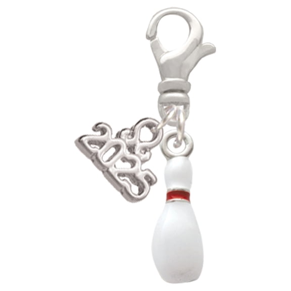 Delight Jewelry Silver-tone Bowling Pin - Silver-tone Clip on Charm with Mini Year 2025