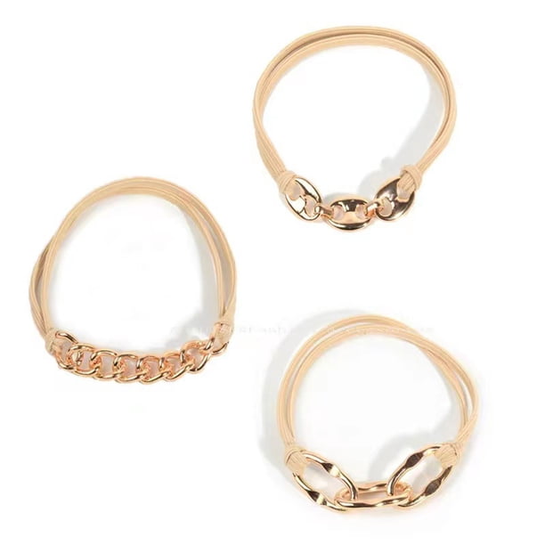 Anillo para el cabello, pinzas para el cabello, lazos para el cabello con elástico dorado, plateado y beige, 2 en 1, coletas y elástico sin arrugas, luce lindo en tu muñeca y genial en tu cabello, 3 u
