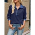 thumbnail image 5 of Women's Denim Contrast Collar Raglan Loose Long Sleeve Quarter Button Knit Top Royal Blue S, 5 of 10