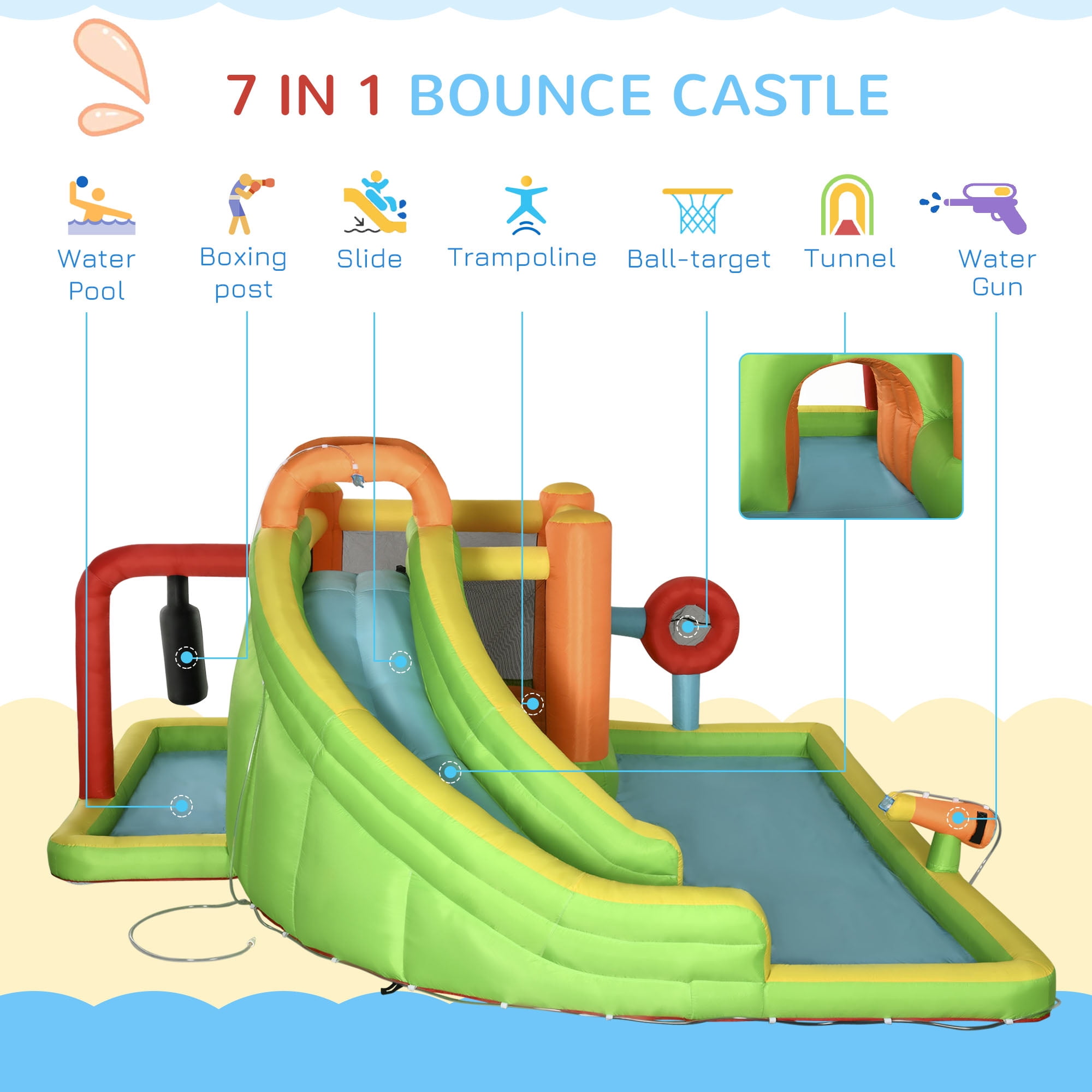 Outsunny 7-in-1 Inflatable Water Slide, Kids Castle Bounce House Includes Slide, trampoline, Pool, Water Cannon, Ball-target, Boxing Post, Tunnel with Carry Bag, Repair Patches, 750W Air Blower