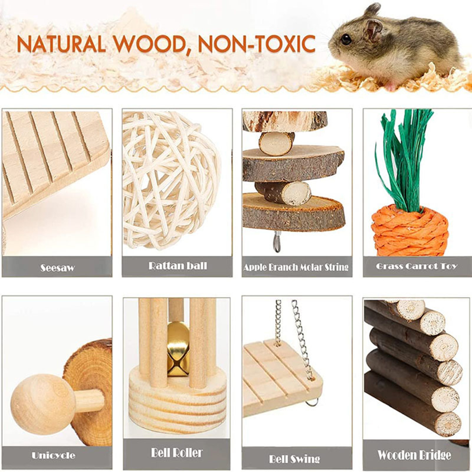 DOPI 8Pcs/Set Hamster Toy Funny Teeth Care Wood Natural Small Animal Play Chew Skewers Toy for Rabbit