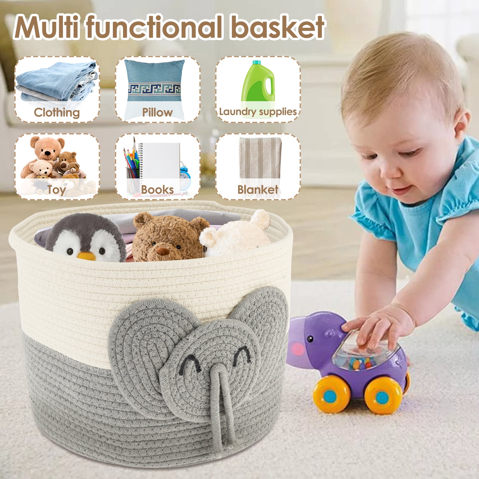 AEVXKHI Cute Laundry Basket Hamper, Versatile Toy Storage Basket, Elephants Cotton Rope Basket, Safe Cotton Rope Basket Soft Toy Storage Woven Baskets