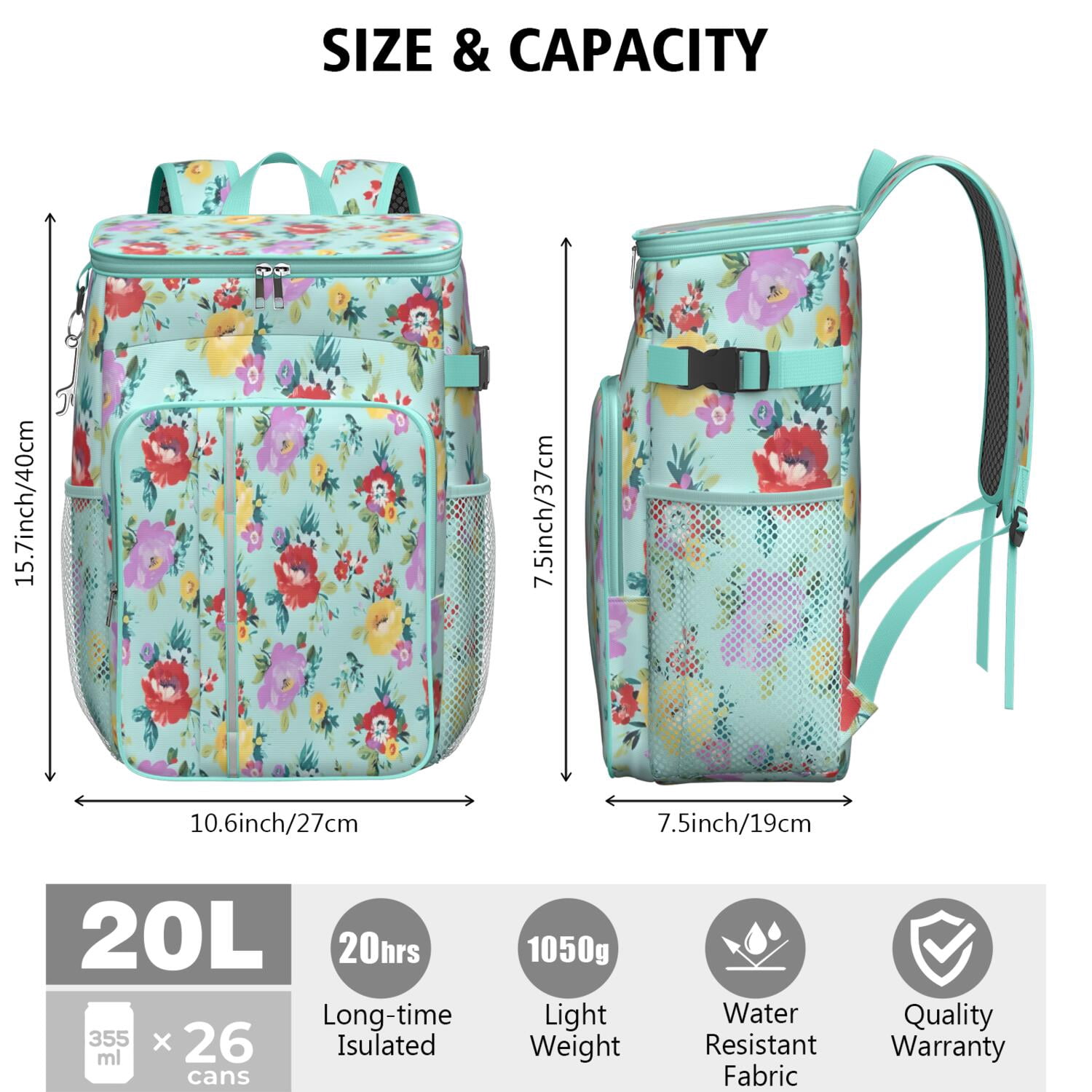 Travel Cooler Bag - Pioneer Flower Floral Print Pattern Camping Beer Cooler Backpack with Bottle Opener- Waterproof Insulated Picnic Backpacks - Cooler Bag for Beach