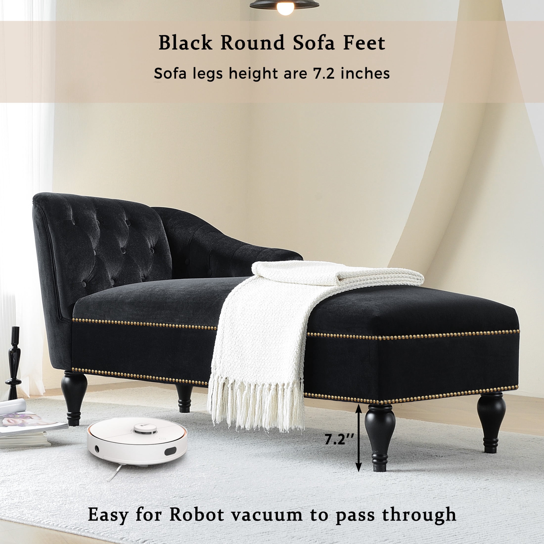 Noble House 58" Right-Arm Facing Velvet Chaise Lounge with Button Tufting and Nailhead Trim, Sleeper Lounge Sofa, Black