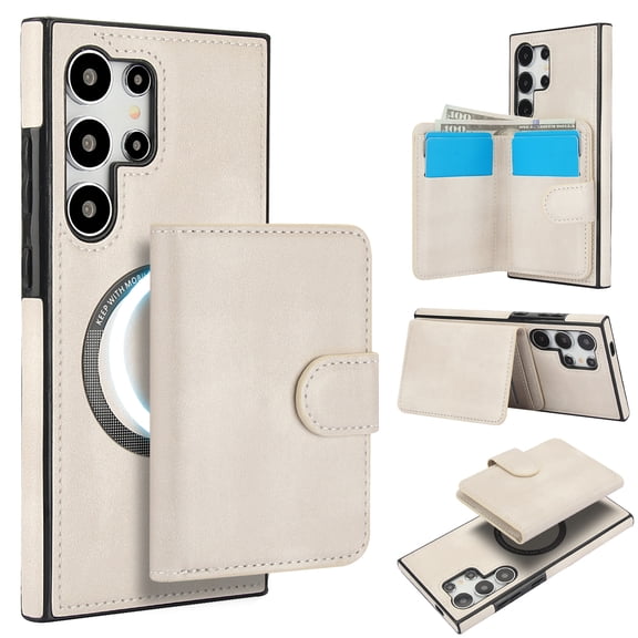 2 in 1 Detachable Magnetic Phone Cases Compatible with Samsung Galaxy S25 Ultra, with Credit Card Holder, Classic Durable Premium PU Leather Kickstand Rugged Flip Cover for Women Men, White
