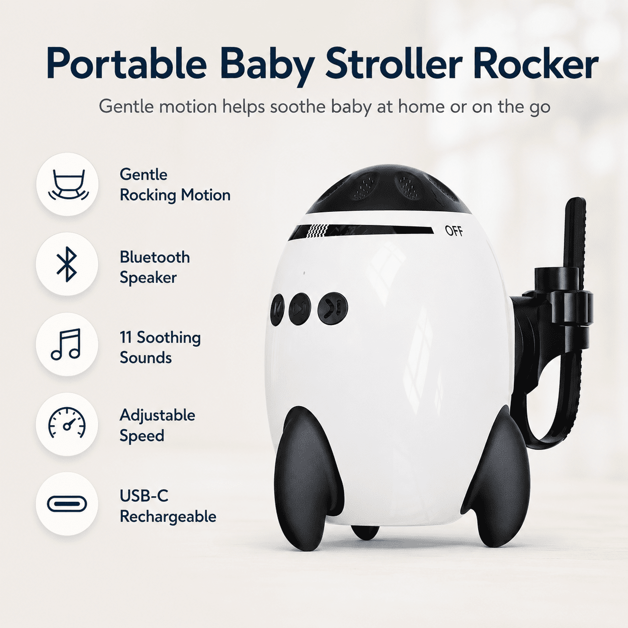 JDMEOPD Baby Stroller Rocker, Black Clip-On Vibrating Soother with Bluetooth Speaker and 11 Sounds for Stroller and Pram