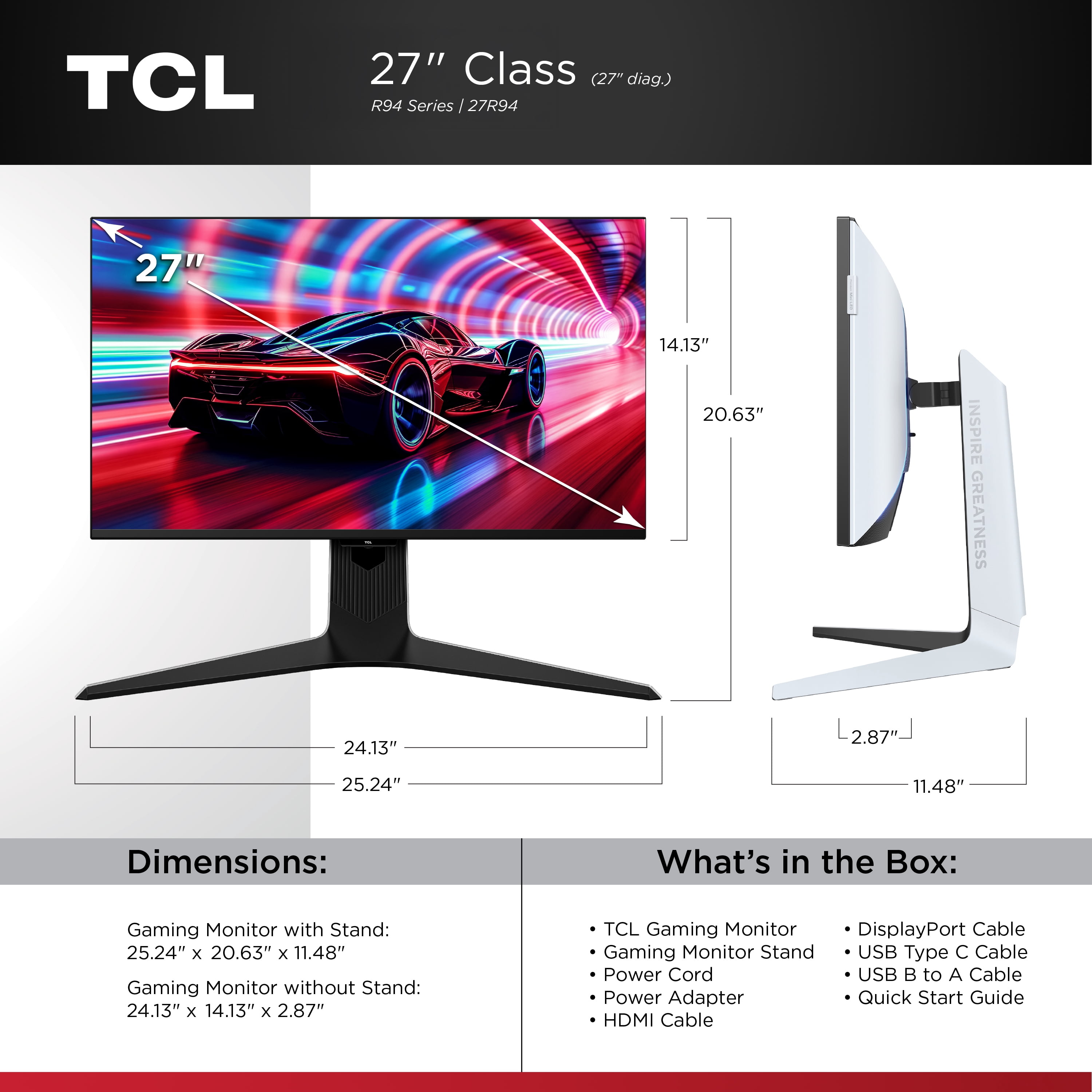 TCL 27” R94 Series 4K UHD HDR QD-Mini LED Gaming Monitor, 165Hz Refresh Rate, LD2304 Precise Dimming Series, HDR1400 Brightness, 1ms, AMD FreeSync Premium (NEW, 2025) - 27R94