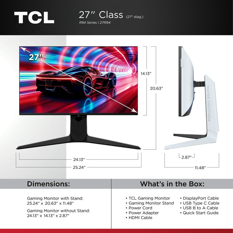 TCL 27” R94 Series 4K UHD HDR QD-Mini LED Gaming Monitor, 165Hz