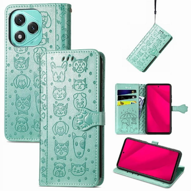 Funda Cartera FOXDOCK para Honor 400 Lite , Flip PU con Relieve de Gatos y Perros, Tarjetero y Soporte