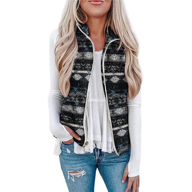 Tie Dye Sleeveless Fleece Vest, Comfortable Lightweight Warm Ethnic Fleece Fuzzy Zipper Vest Printed For Daily For Girls ANGGREK Étnico Negro S