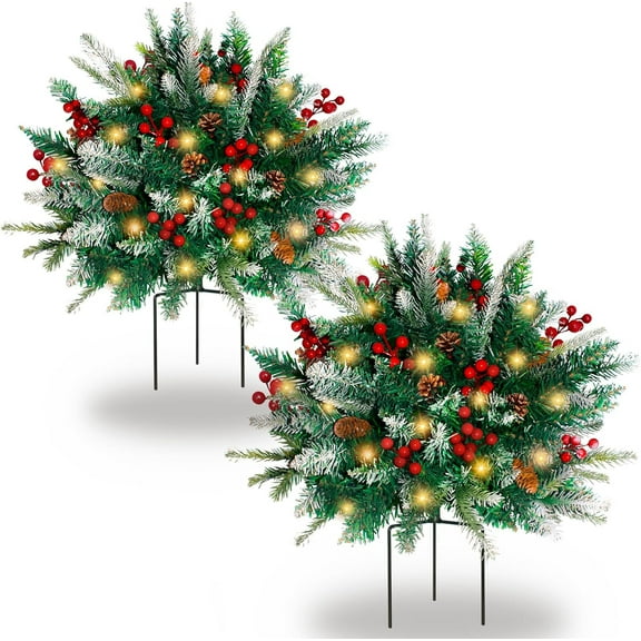 ZJQYDS 2 Pack Lighted Artificial Christmas Urn Filler, Battery Operated Pre-lit Xmas Pine Trees, Tripod Stake and 60 LED Lights, Holiday Porch Decorations for Porch, Yard, Garden, Flower Beds