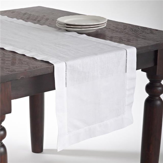 SARO 6100.W1672B 16 x 72 in. Rectangle Hemstitched Linen Blend Table Runner - White